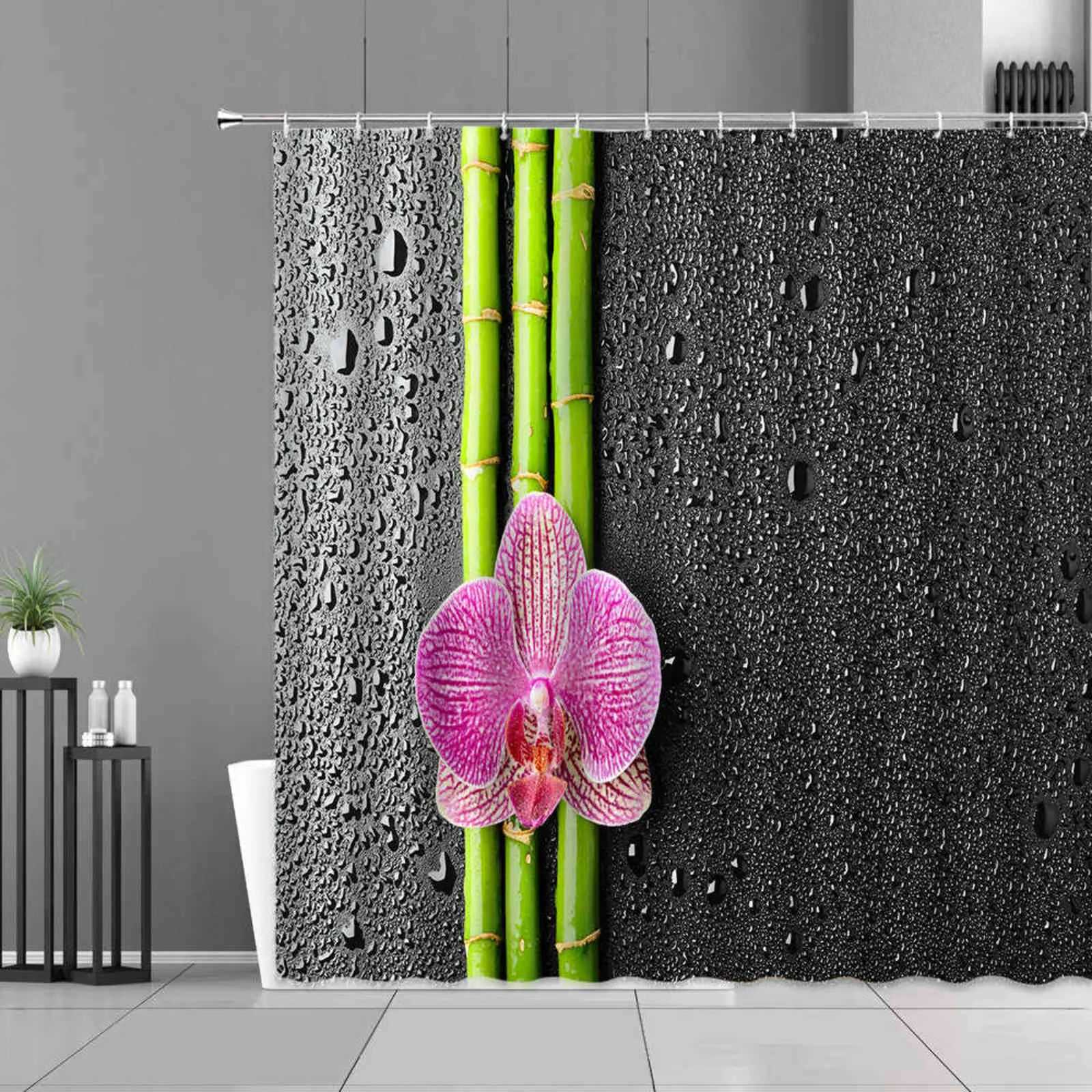 Yeşil Bambu Bitkiler Yaprak Duş Perdeleri Zen Taş Çiçek Manzara Ev Banyo Dekor Için Su Geçirmez Perde Arka Plan Bezi 211116