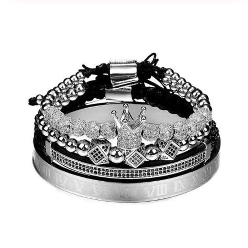 Bracelet tressé classique tissé à la main pour hommes, style Hip Hop doré, couronne en Zircon, chiffres romains, ensemble de 3 paquets, cadeau F1211232a