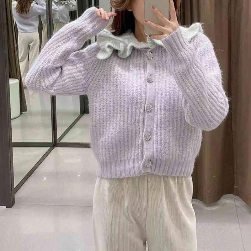 Sweet Woman Loose Purple Patchwork Knit Cardigan Spring Fashion Ladies Peter Pan Collar Knitwear Female Cute Sweaters 210515