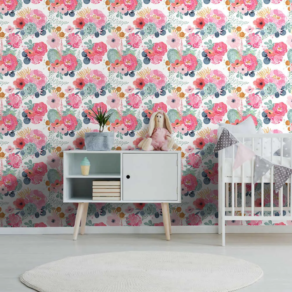Haohome Floral Wallpaper Peel och Stick Watercolor Cactus White/Pink/Green/Navy Blue Self Adhesive Contact Paper 2107228342959