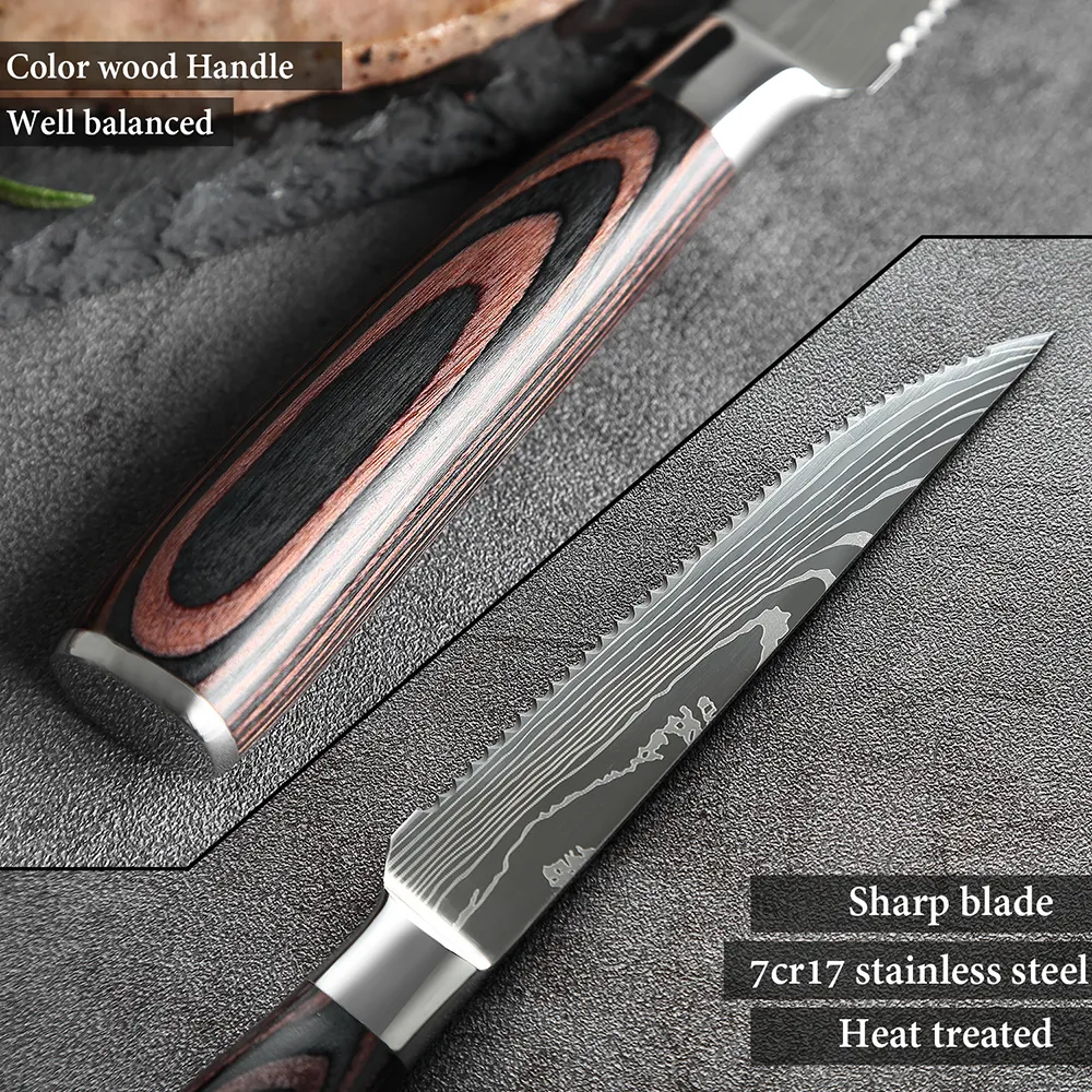 XITUO Steak-LNIFE-Set, EAMASCUS-Muster, Edelstahl, gezahnt, LNIFE, Rinderbeil, Mehrzweck-Restaurant-Bestecktisch, LNIFE233H