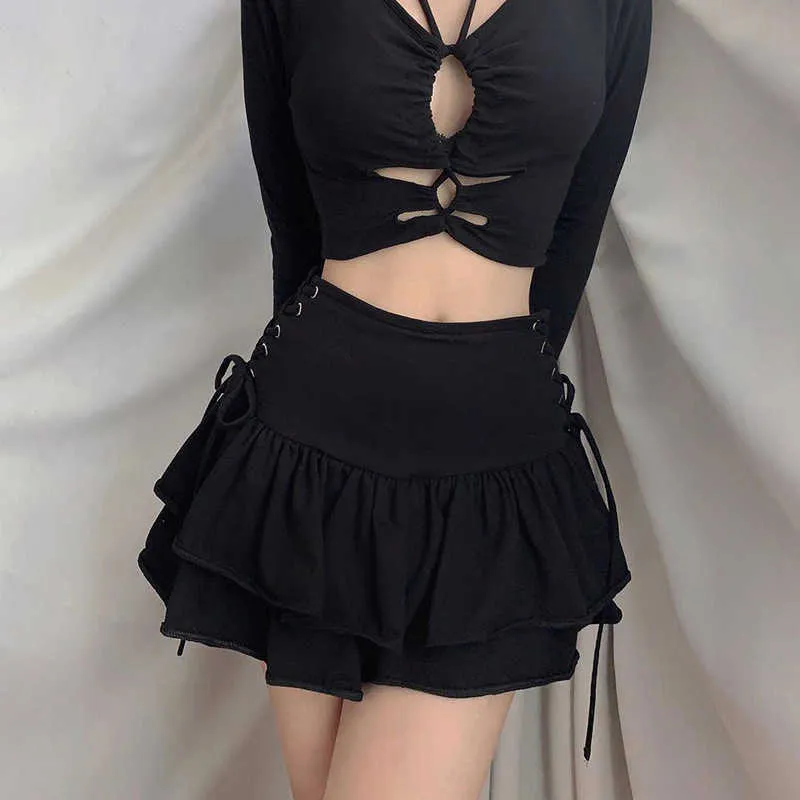 Altgirl Streetwear Mall Goth Kjol Kvinnor Harajuku Y2K E-Girl High Waist Bandage Mini Skirt Dark Gothic Punk Emo Alt Club Wear 210721