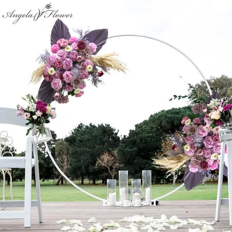 Couronnes de fleurs décoratives couleur dorée naturelle séchée, feuille d'éventail de fleurs artificielles, arrangement de rangées de fleurs artificielles, arc de mariage en plein air Backdro213U