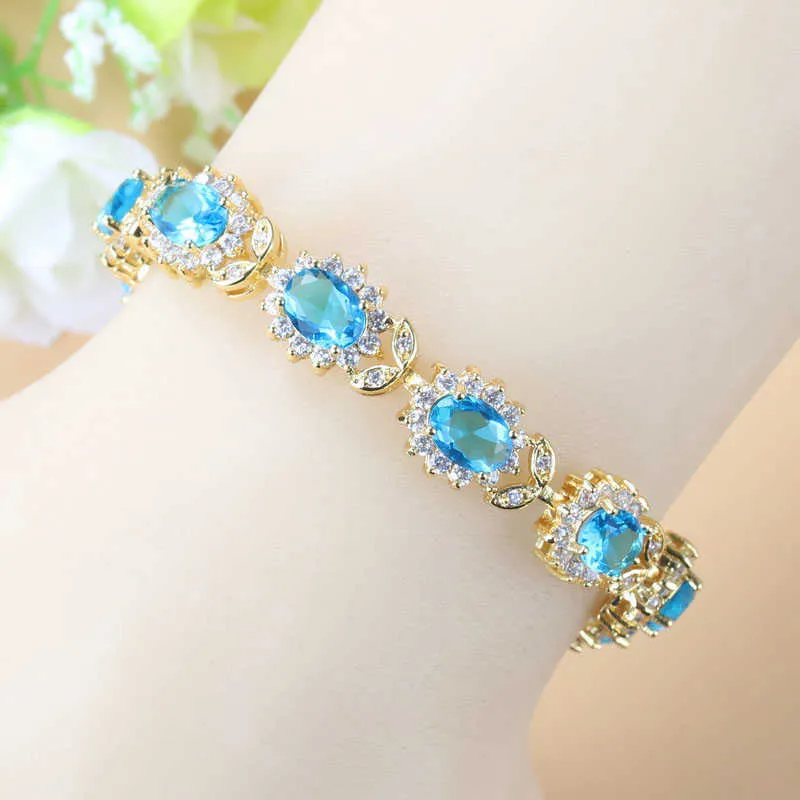 Romantico zircone blu cielo festa nuziale grande set di gioielli giallo oro colore abito a quattro pezzi orecchini pendenti / bracciale e anello H1022