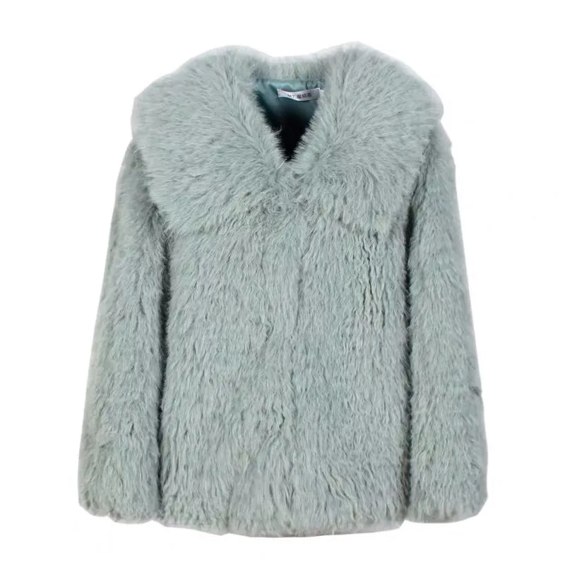 高品質の冬の海軍の襟の長い毛深いシャギーのファックス羊の毛皮のコート緩い巻き毛のry女性のジャケット短いアウター210429