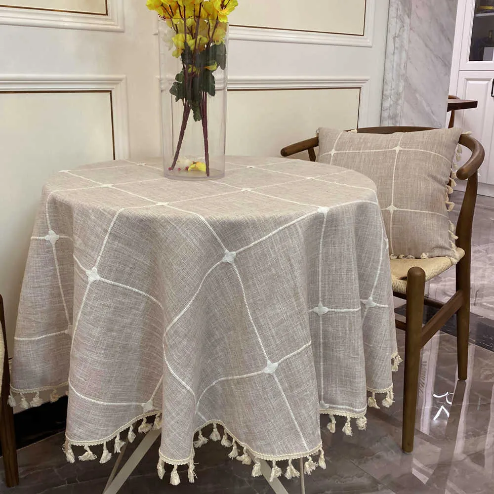 Toalha de mesa de linho decorativo xadrez com tassel à prova d'água à prova de Óleo à prova de Ópera redonda de casamento de casas de jantar de chá 210626
