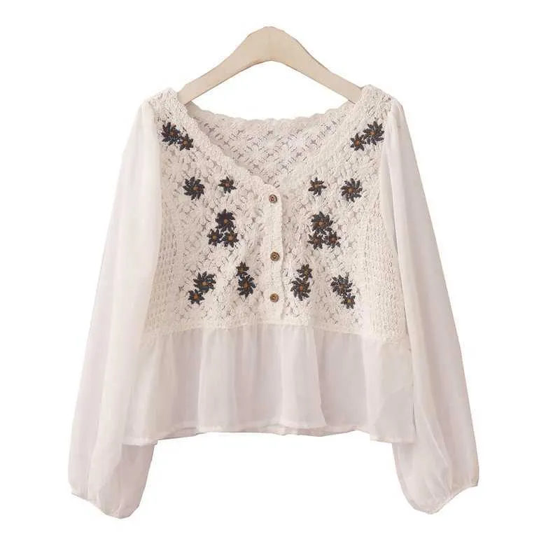Nbpm Spring Women's Clothing Chiffon Shirt Daisy Embroidery Hollow Out Blouses Women's Long Sleeve Top Female Elegant 210529