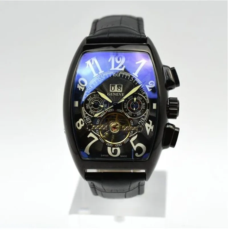 2021 Geneva Luxury Leather Band Tourbillon Mechanical Men Watch Drop Day Skeleton Automatiska män KLAVAR GENTS243Y