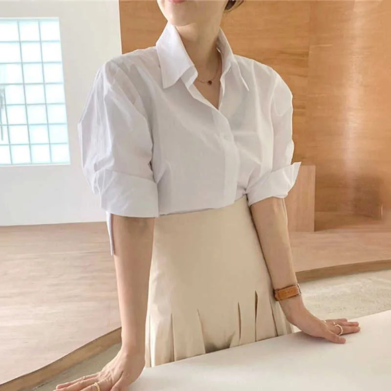 Korejpaa Women Set Summer Korean Chic Niche Temperament Basic Lapel Loose Short-Sleeved Shirt High-Waist Pleated Skirt 210526