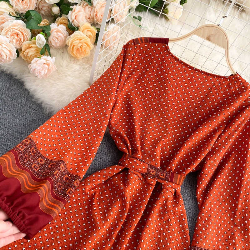 봄 가을 여성 인쇄 긴 드레스 빈티지 퍼프 슬리브 높은 허리 A 라인 Vestidos 여성 패션 해변 가운 210915