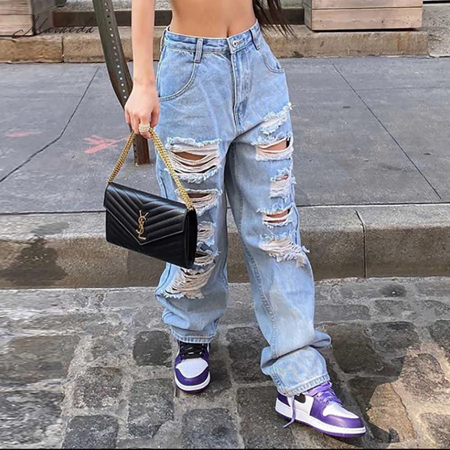 Macheda High Waist Loose Jeans Clothes Women Casual Blue Denim Streetwear Ripped Hole Trousers Lady Fashion Straight Pants 2020 H0908