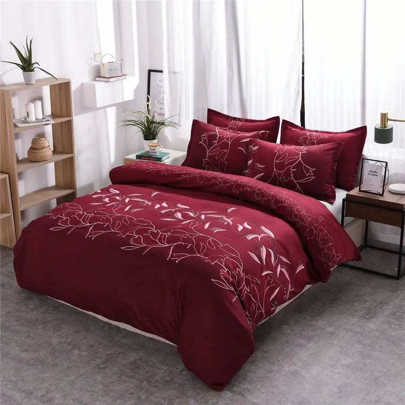 Housse de couette Literie Housses de couette Gris ROUGE Couvre-lit avec fleurs Parure de lit Plantes 210x210 Linge de lit moderne 240x220 Polyester