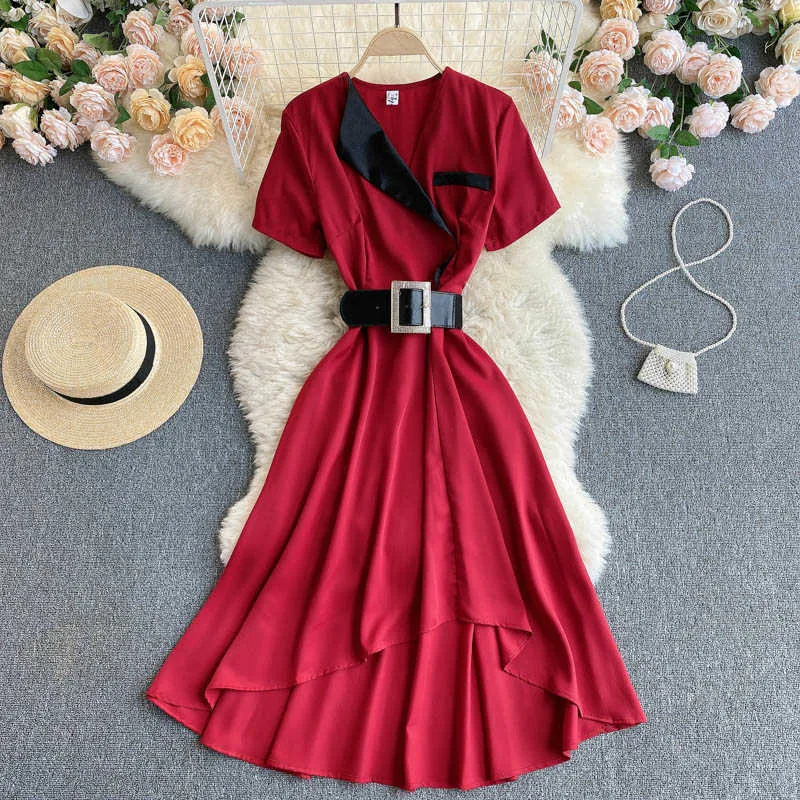 Rot/Schwarz/Grün Unregelmäßige Kleid Frauen Büro Damen Kurzarm A-Line Midi Vestidos Weibliche Vintage Robe 2021 OL neue Mode Y0603