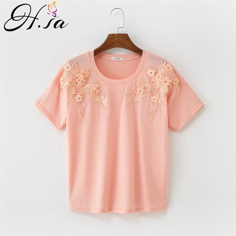 Vrouwen Zomer Korte Mouwen Borduurwerk Applicaties Beaded Flowers Stijlvolle Tops en Tees Vrouwelijke T-shirts Mujer Casual Tee 210430