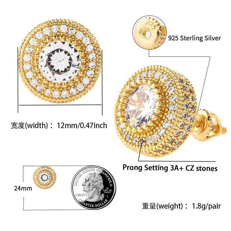 Iced Out With Bling Round Zircon Boucles d'oreilles pour hommes et femmes Tide Hip Hop Jewelry for Rapper Gift