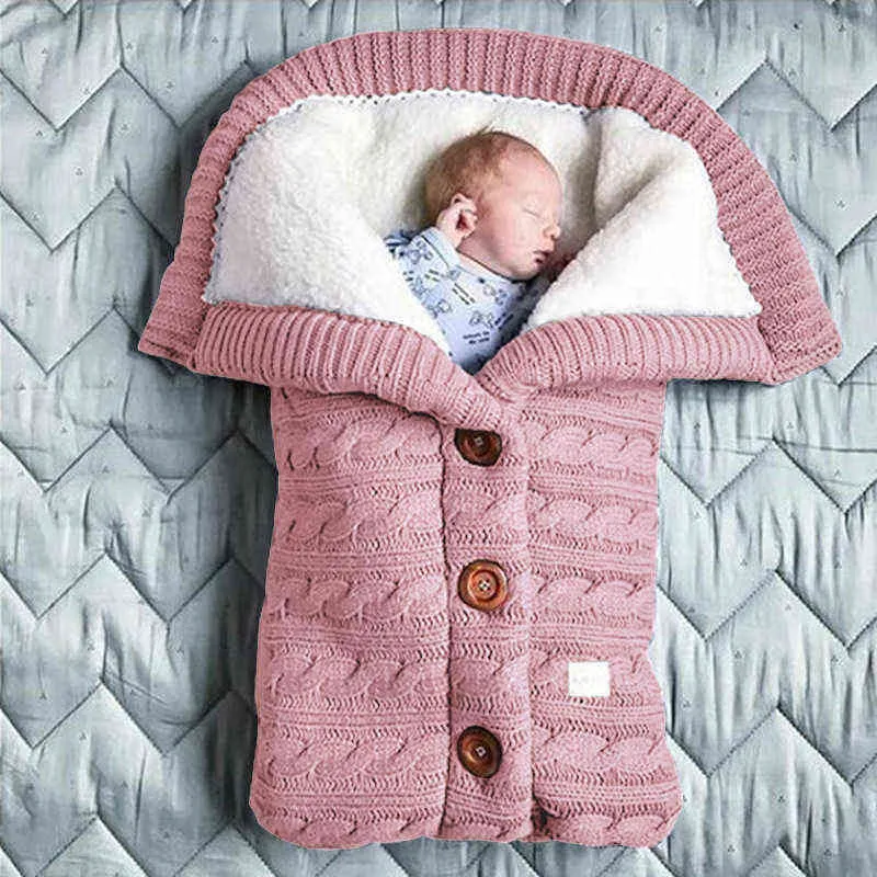 Urodzony Dziecko Zima Ciepła Śpiwór Torba Niemowląt Przycisk Knit Swiaddle Wrap Swaddling Wózek Toddler Baby Baby 211105