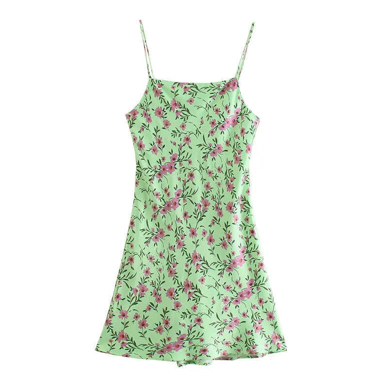 Za Green Satin Print Mini Summer Dress Donna senza maniche con spalline Backless Sexy Sundress Abiti da fiori vintage femminili 210602