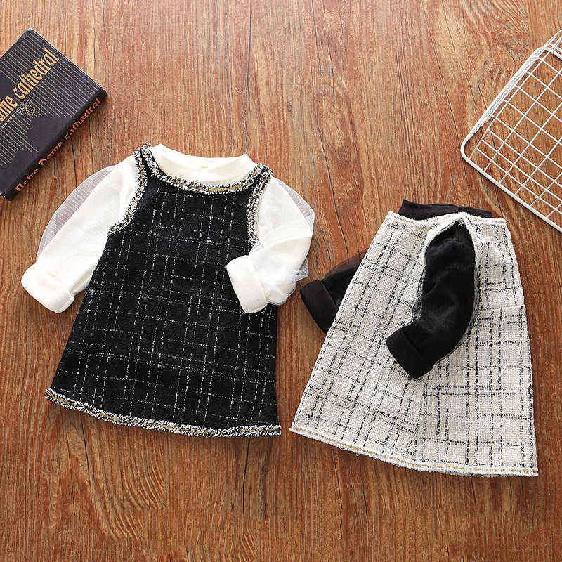 2 pezzi neonate vestono autunno inverno abbigliamento bambini plaid classico abbigliamento bambini set vestito + pullover top abiti da ragazza principessa G1129