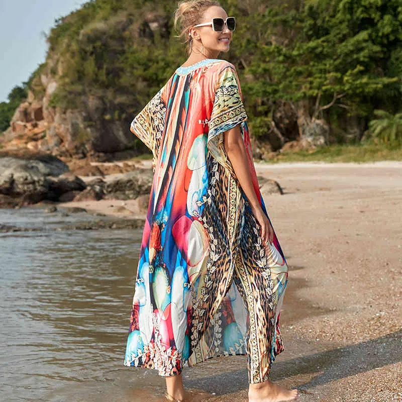 Poliester Long Beach Cover Up Robe De Plage Swimsuit Tunika Kąpielowy garnitur S Kaftan Swim Pokrywa Q1187 210420