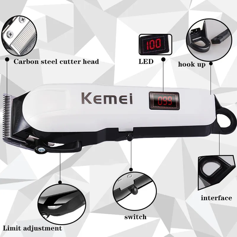 Kemei Electric Hair Clipper Trimmer för Herrens professionella elektriska hårklippare Trådlöst LCD-skärm Skär 5 220216