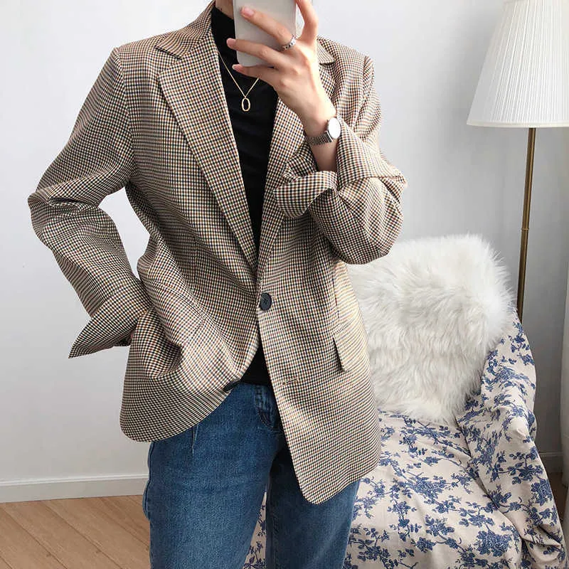 High quality ladies blazer loose Fall style casual long-sleeved retro small suit Slim mid-length check coat 210527