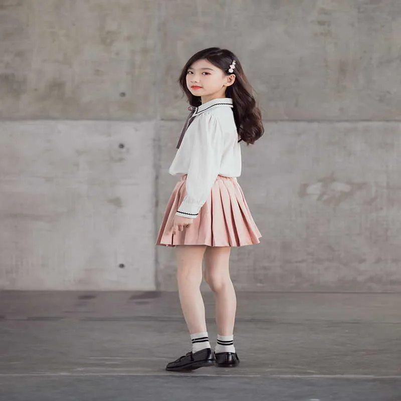 Весенний корейский стиль подростки девушки 2 шт. Устанавливает белые рубашки + сплошной цвет плиссированной юбки детская одежда E1362 210610