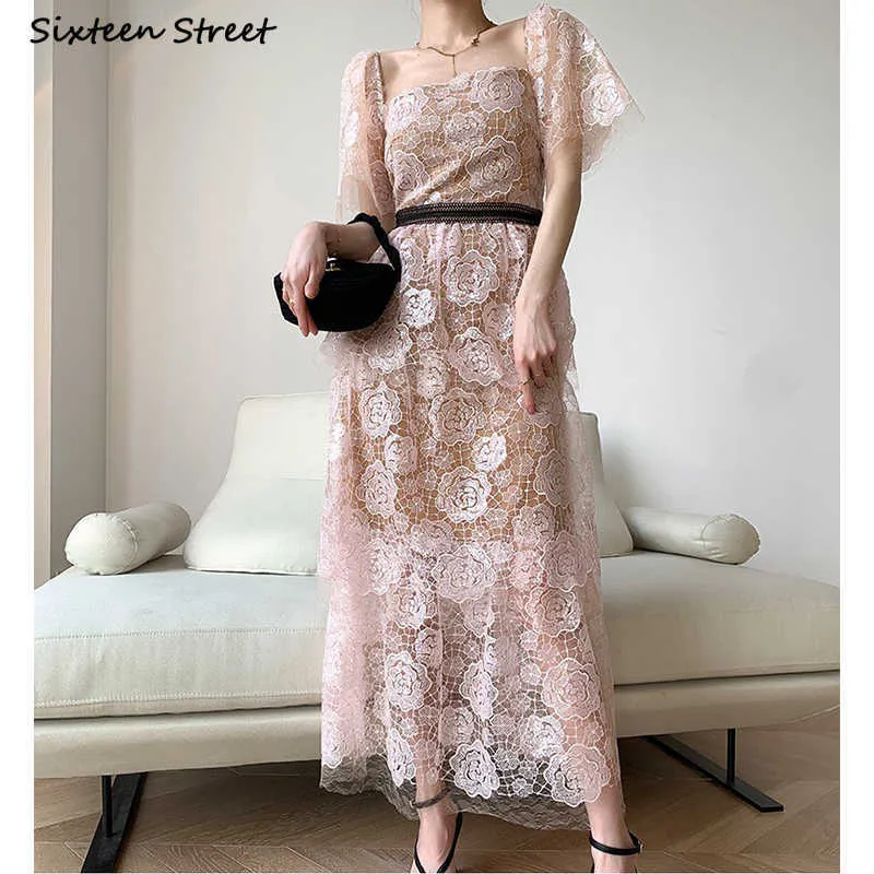 Sequined Brodery Pink Dresses Women Short-Sleeve Slim High Waist Vestidos Lady Kläder Elegant Vintage Party Woman 210603