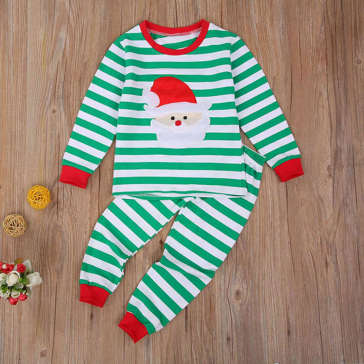 6M-5Yクリスマス幼児子供赤ちゃん男の子ガールパジャマを設定赤緑の縞模様の漫画サンタ衣装クリスマス衣装210515