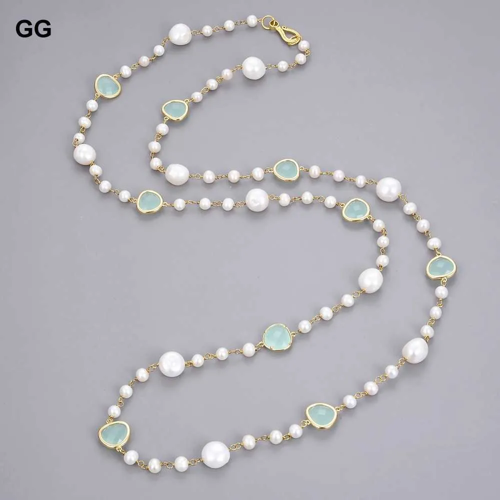 GuaiGuai – collier Long en perles Keshi baroques blanches naturelles, bijoux en cristal bleu, 44 pouces