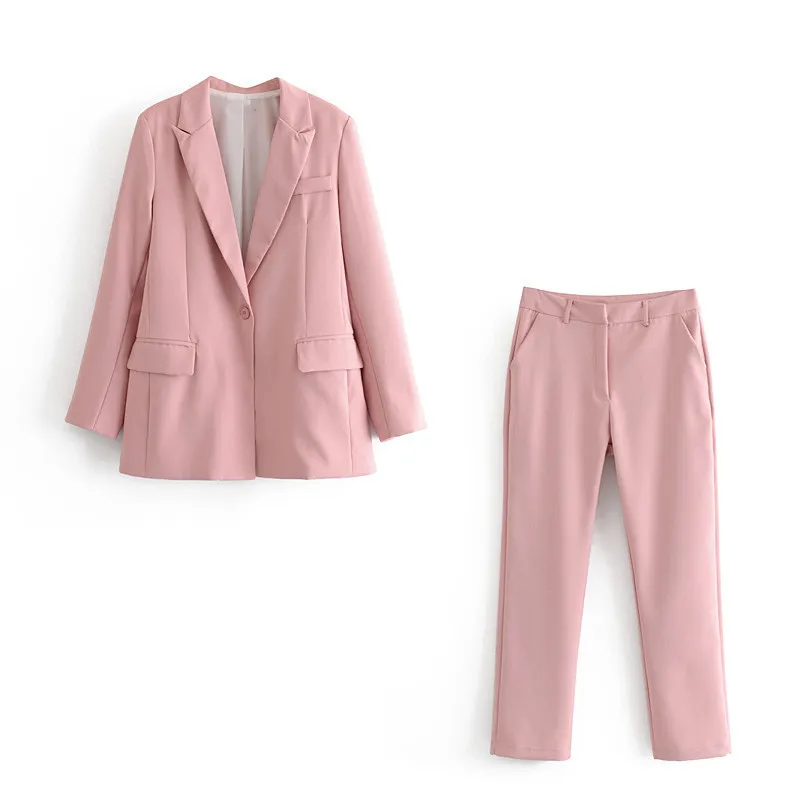 Casual vrouwen roze blazer herfst enkele knop lange mouw vrouwelijke kantoor broek pakken winter dames uitloper 210430
