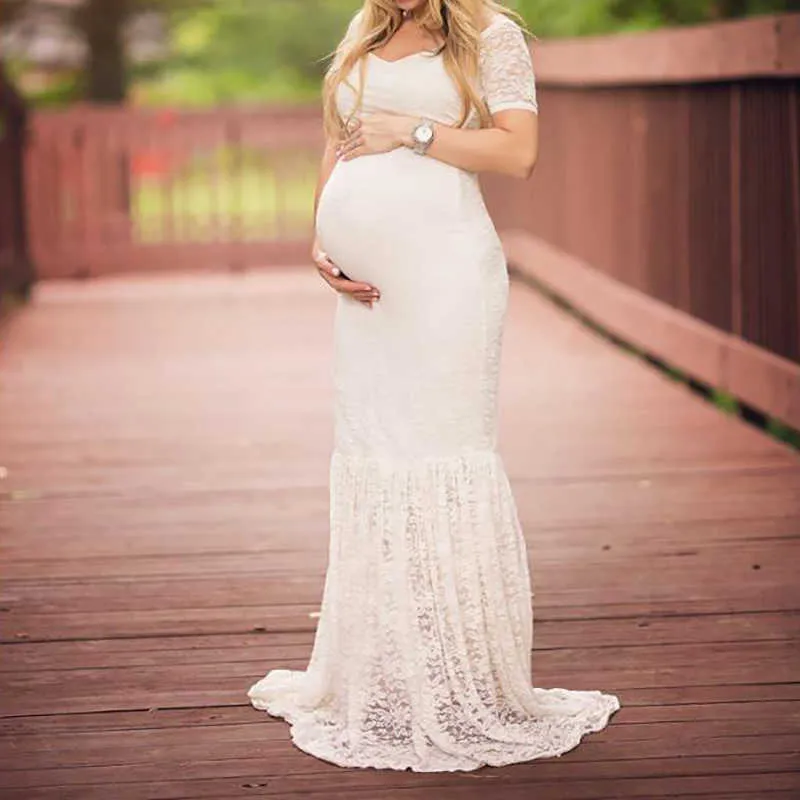 Schwangerschaftskleid für schwangere Frauen Mutterschaft Pografie Spitze ES PO Shooting Sexy Kleidung Kurzarm 210922