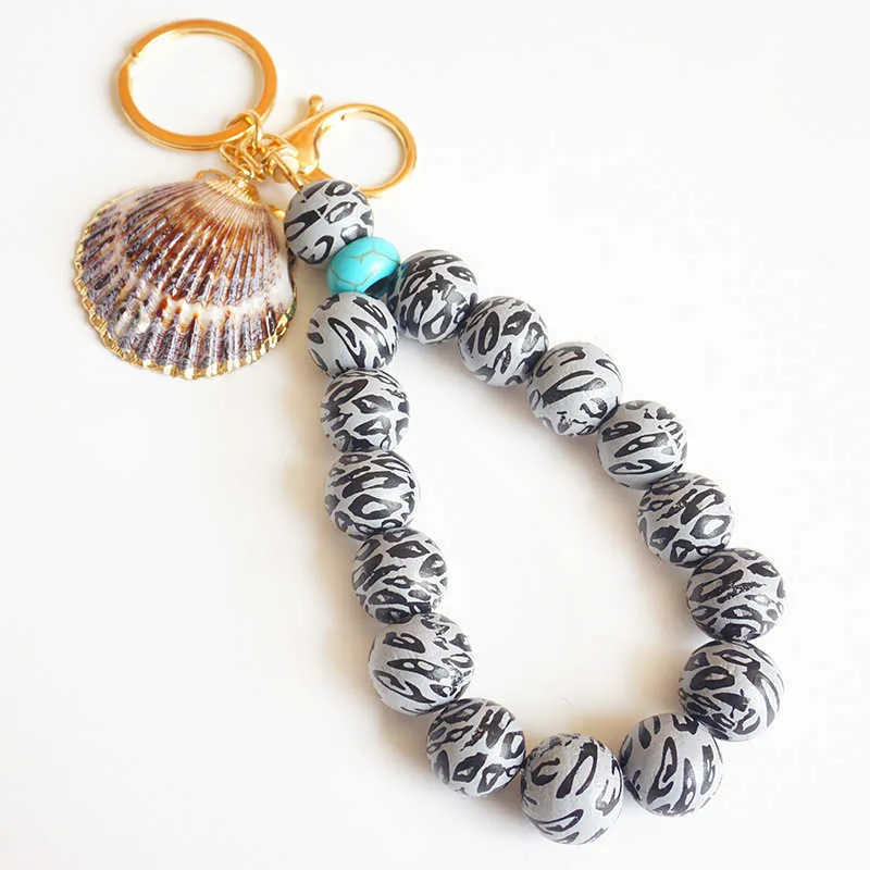 Porte-clés à breloques en coquillage perlé en bois et Silicone pour femmes, G1019