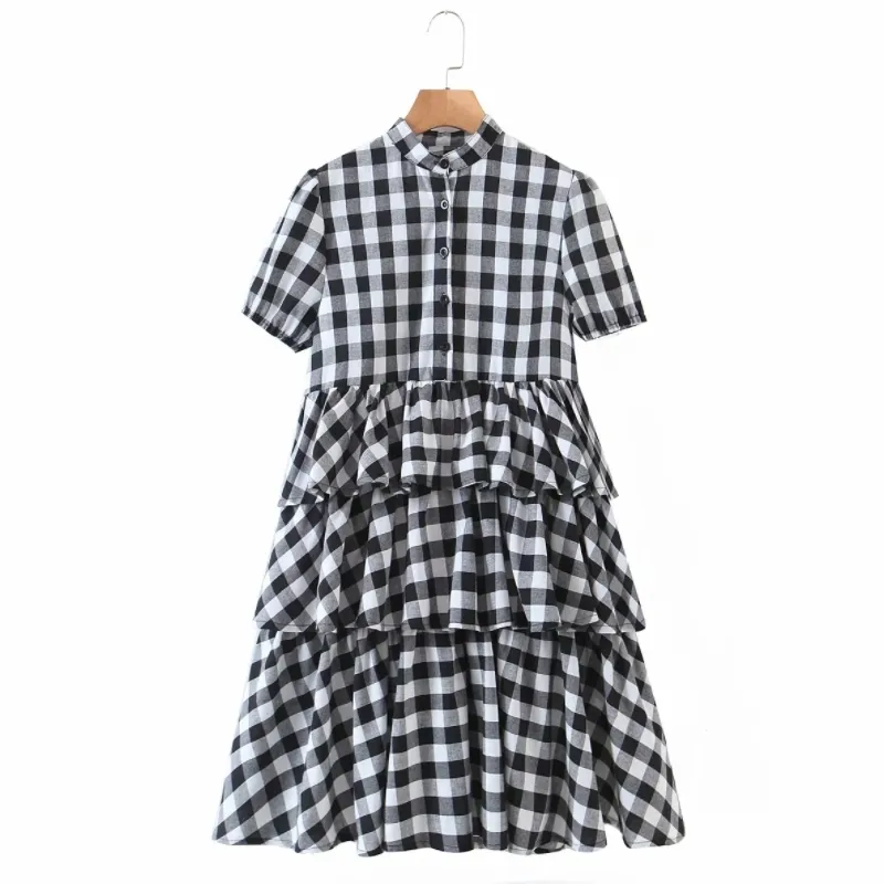 Wiosna Moda Kobiety Cascading Wzburzyć Plaid Mini Sukienka Kobiet Stojak Kołnierz Krótki Rękaw Odzież Dorywczo Los Loose Vestido D7239 210430