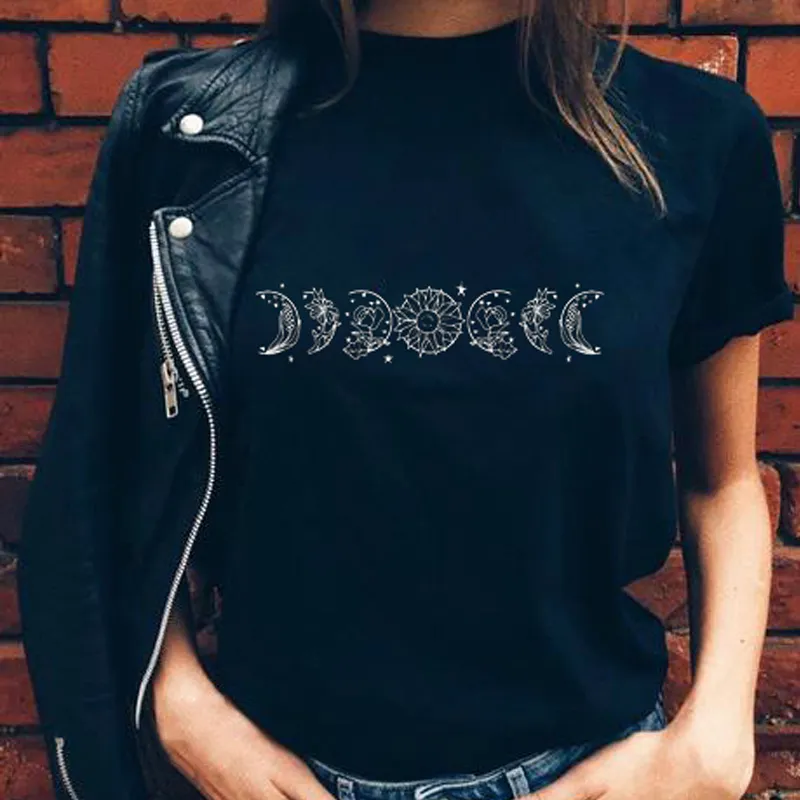 Flor Lua Harajuku T Camiseta Mulheres Estilo Estética Estilo Gótico de Algodão Escuro O Pescoço Grunge Hipster Gráfico Tee Tops Feminino Pano 210518