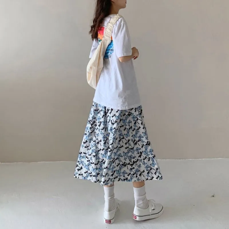 Papillon motif imprimé mignon Midi jupe plissée dames été a-ligne mode taille haute jupes longues Harajuku Streetwear 210421