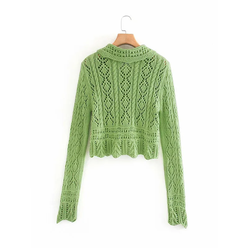 Femmes décontracté été vert pull Chic dame mode à manches longues simple boutonnage tricoté Cardigans évider chandails 210421