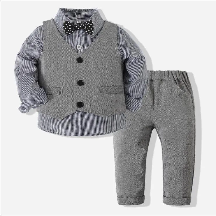 Baby Boy Clothes Birthday Party Baby Costume Boys Gentleman Tie Blue Shirt Vest Pants Autumn Toddler Baby Clothing Set Outfits