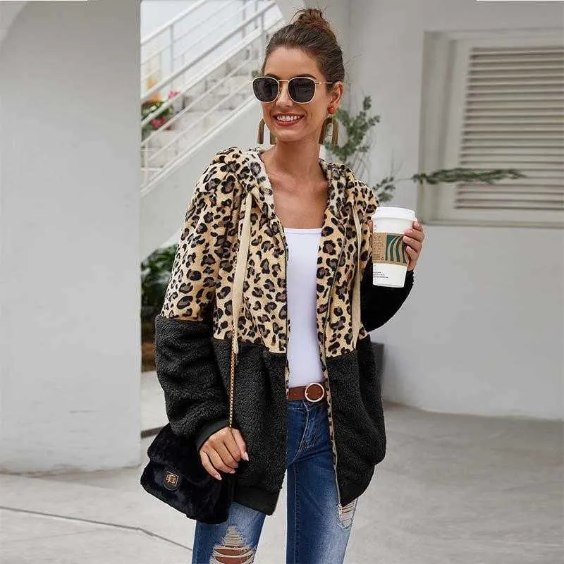 Autumn Faux Fur Coat Women Leopard Teddy Coat Ladies Plush Hooded Winter Coat Women Fluffy Fur Teddy Jacket Female 211019