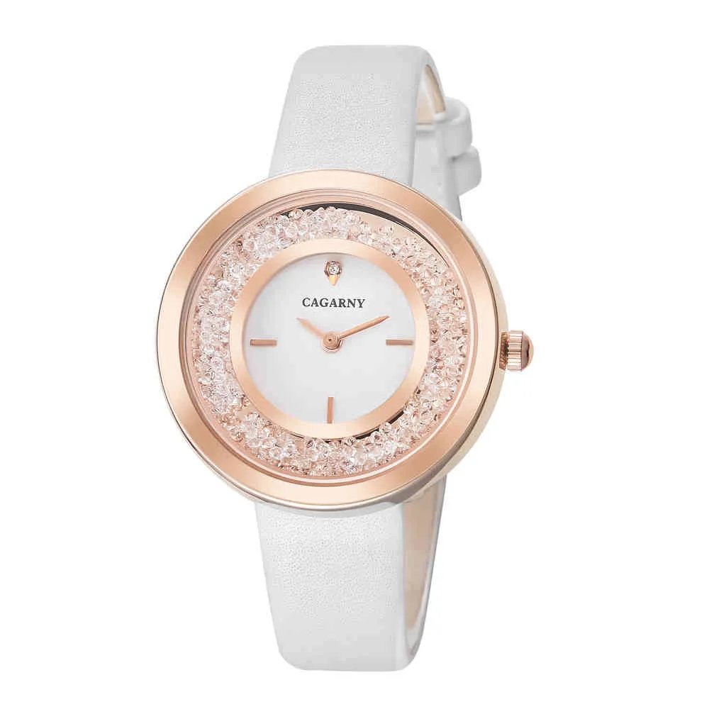 Luksusowa marka Cagarny Zegarek Kwarcowy dla Kobiet Mody Panie Zegarki Różowe Złoto Przypadek Vogue Skórzany Olśniewający Kryształ Reloj Mujer