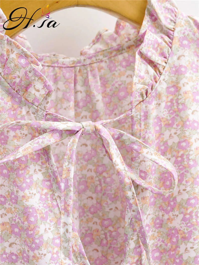 HSA Mulheres Verão Vestido Rosa Floral Impresso Cintura Alta Pleated Ruffles Vestidos Laço Bonito Kawaii Elegante Praia Festa Vestido 210716
