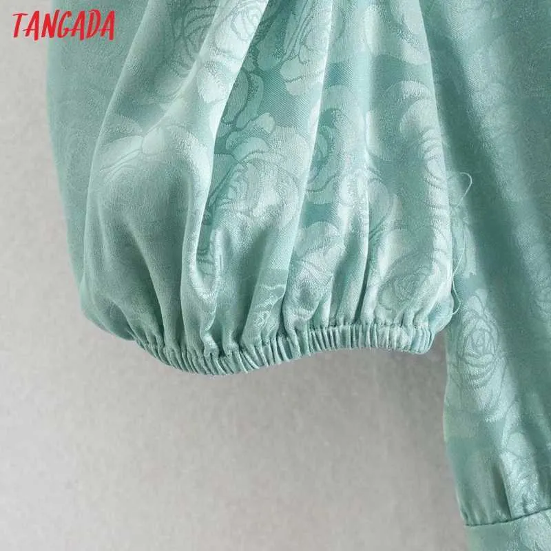 Tangada été femmes fleurs Jequared robe verte bouffée à manches courtes col carré dames élégante robe d'été XN287 210609