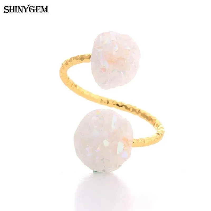 Klusterringar ShinyGem Oregelbundna Druzy Opal Vintage Gold Wire Natural Stone Justerbart Golden Wedding Engagement for Women331D