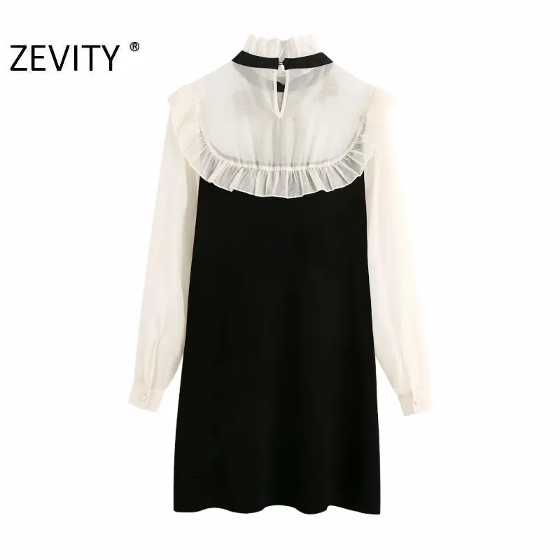 Zevity Womenエレガントな弓ティーシフォンパッチワークの編み物ラフルズシャツオフィスレディカジュアルvestidosシックミニドレスDS4528 210419