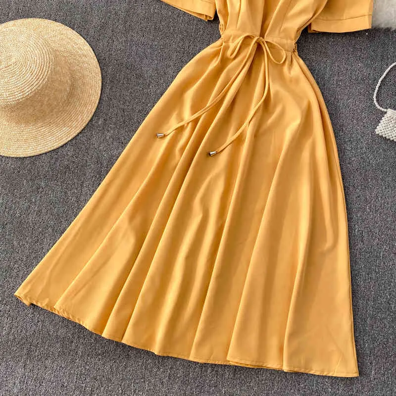 Singreiny Solid Office Drake Dress Mode Collier Collier Courti-Down manches courtes Robes Midi Summer Corean Cordstring A Robe de ligne 210419