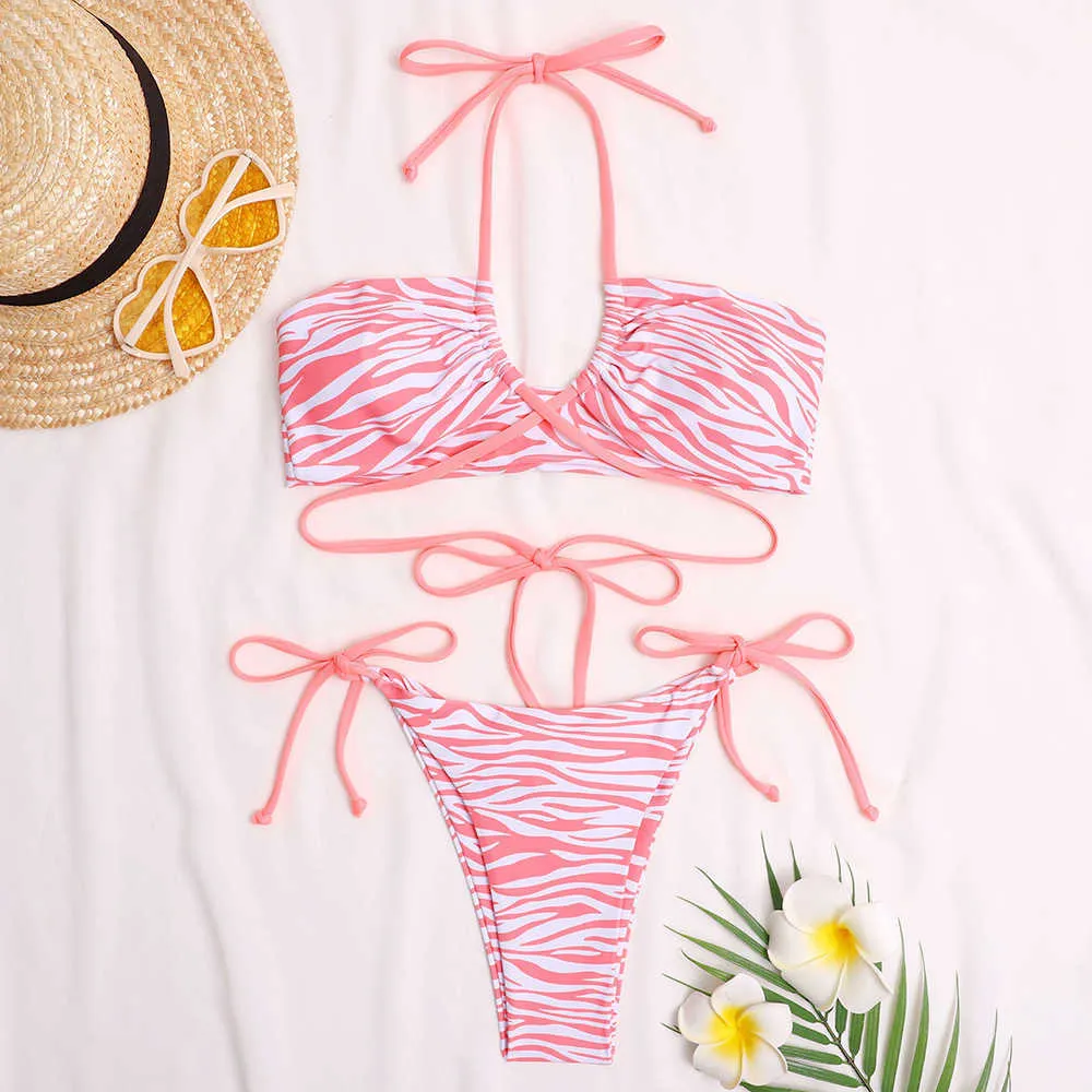 Sexy Stripe Bikini Set Summer Swimwear Kobiety Push Up Swimsuits String Bow Bathing Garnitury Biquini Bathers 210604