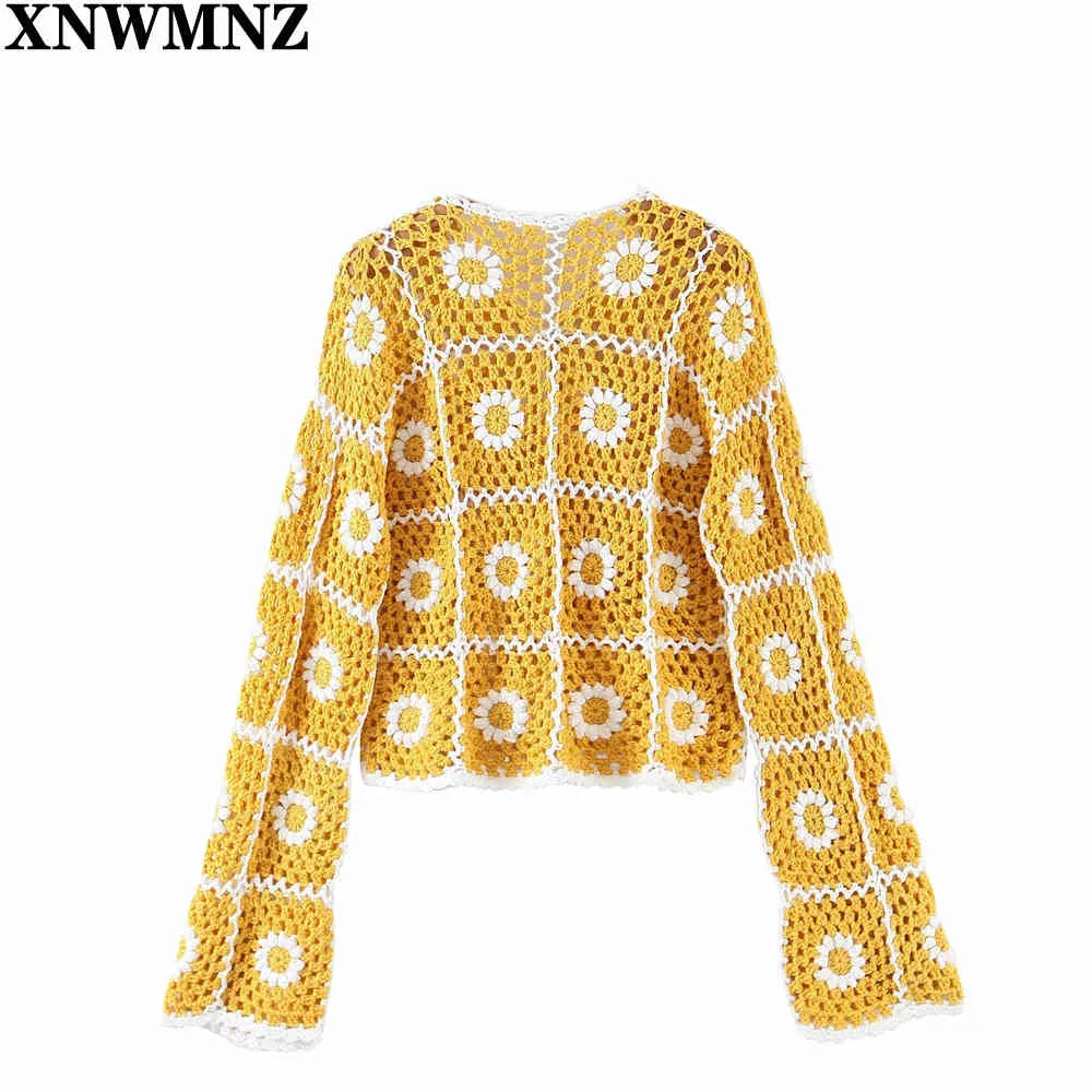 Cardigan lavorato a maglia all'uncinetto fatto a mano con girasole bianco da donna Top maglione abbottonato a maniche lunghe con maniche lunghe gialle dolci 210520