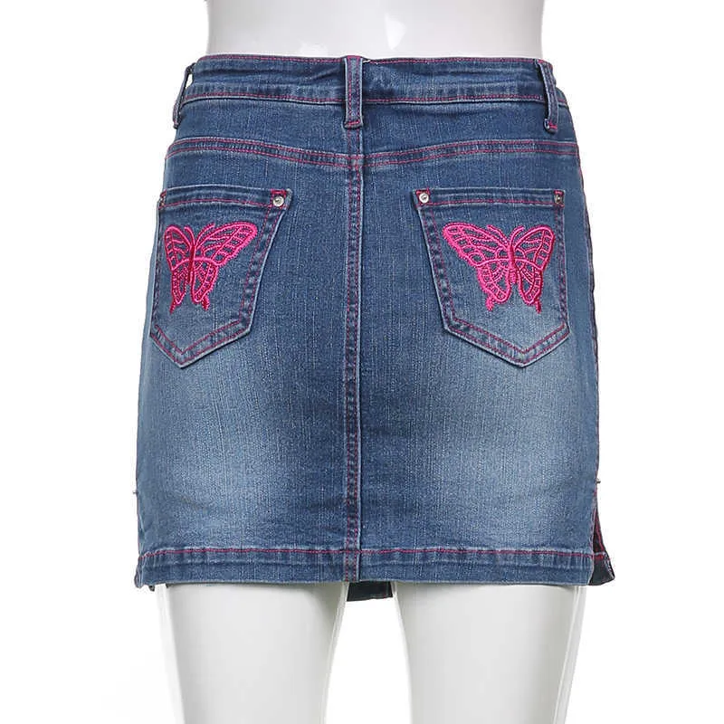 Вышивка бабочки Y2K Джинсовые юбки винтаж высокая талия милая эстетическая мини -юбка ретро -хараджуку ткани уличная одежда Cuteandpscho y0824