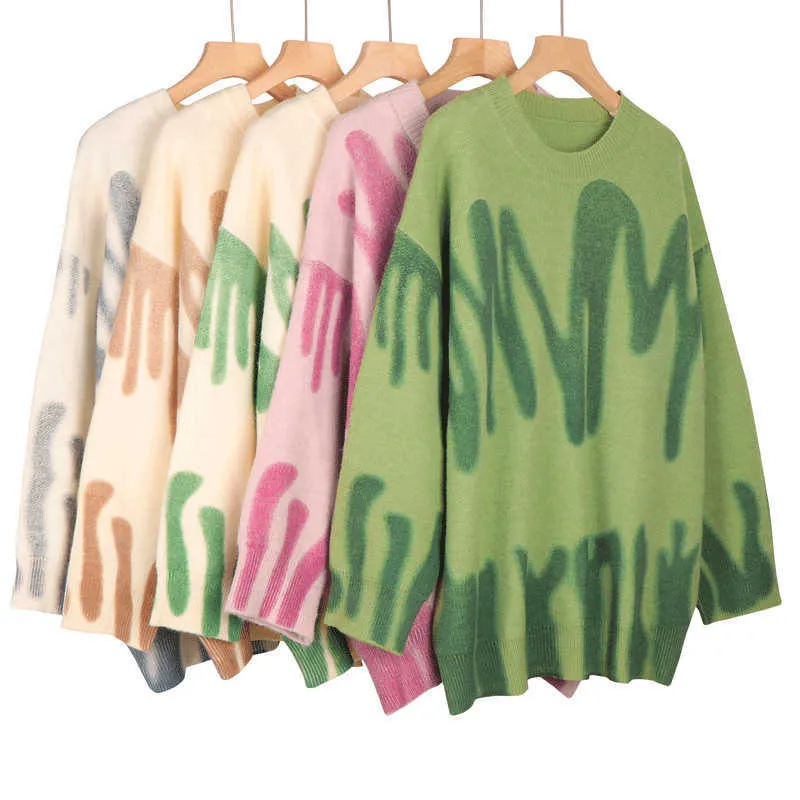 Übergroße Pullover Grün Pullover Frauen Gestrickte Lose Tops Winter Oansatz Harajuku Sueter Mujer pull Tie Dye Oberbekleidung 211011