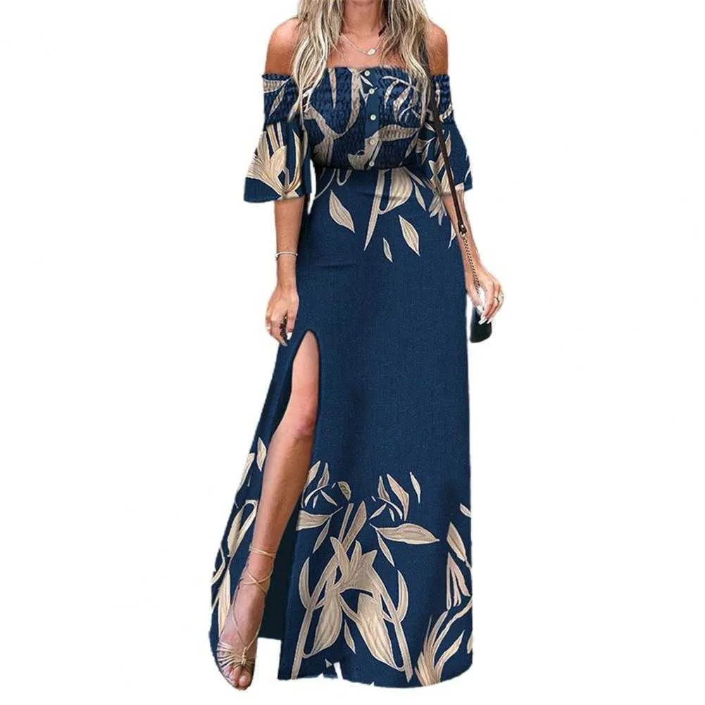 Femmes Maxi robe 2021 épaules dénudées imprimé fleuri Maxi robe élégante haute fendue ruché boutons femmes robe robe d'été Y1006