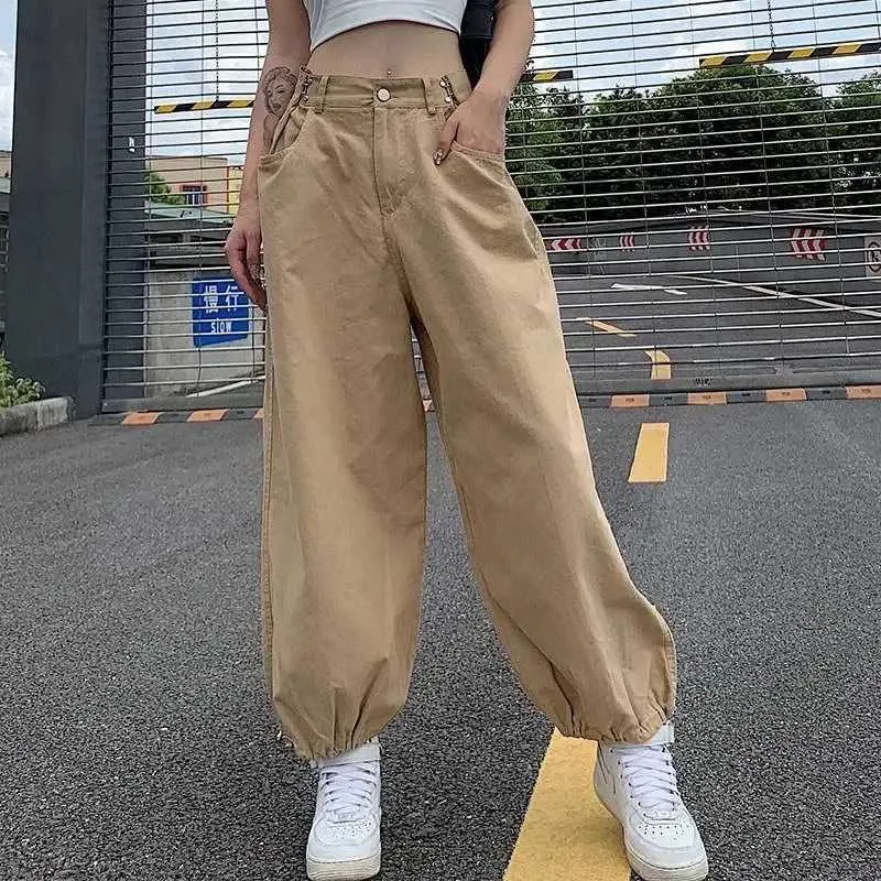 HOUZHOU Y2K mode kaki surdimensionné Cargo pantalon Hip Hop Style lâche taille réglable cordon Long pantalon Streetwear 90 s automne X0629
